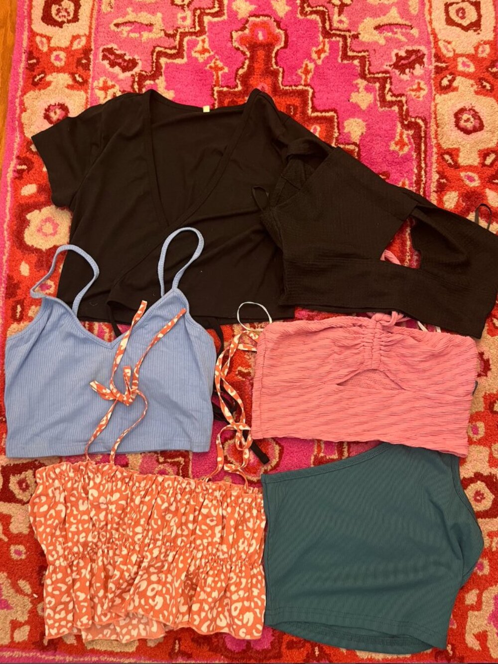 Going Out Crop Tops - Black Wrap Around, Black Cutout, Blue Tank, Pink Leopard